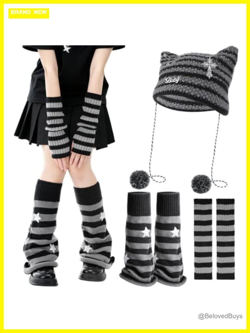 Y2K Star Pattern Arm Warmers Leg Warmers Beanie 3 Pc Set